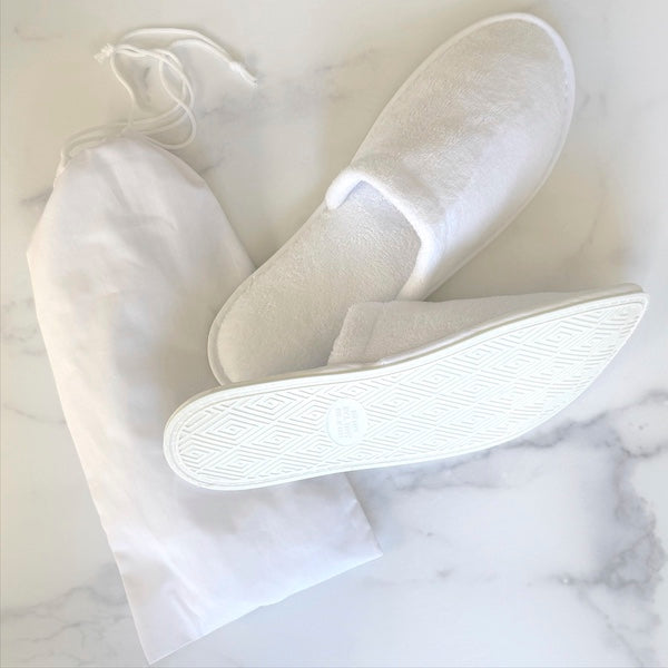 Luxury Velour Microterry Disposable Hotel Slippers with No-Skid PVC Soles with Drawstring Dust Cover Bag| GuestOutfitters.com 