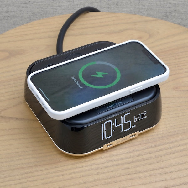 Wireless Qi Charging Power Cube with Alarm Clock for Vacation Rentals | GuestOutfitters.com
