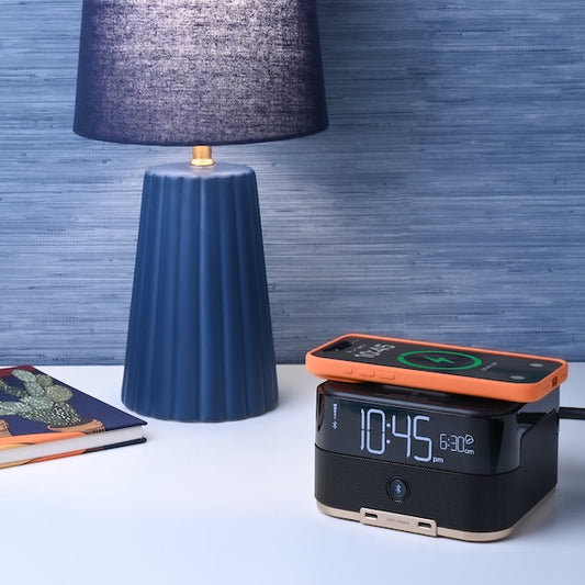 Bluetooth Wireless Qi Charging Power Cube and Alarm Clock for vacation rentals | GuestOutfitters.com
