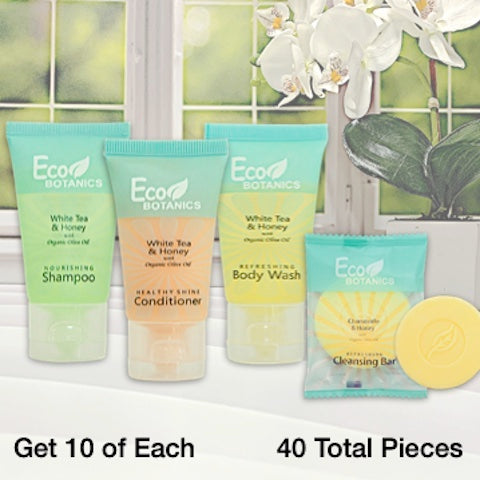 Eco Botanics 40 Piece Hotel Bath Toiletry Bundles for Vacation Rentals | GuestOutfitters.com