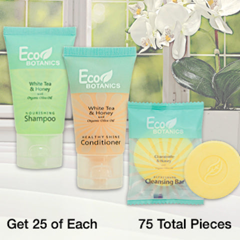 Eco Botanics White Tea 75 Piece Hotel Size Shampoo, Conditioner and Soap Bundles for Vacation Rentals | GuestOutfitters.com
