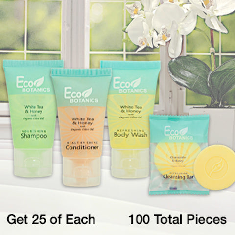 Eco Botanics White Tea 100 Piece Hotel Bath Toiletry Bundles for Vacation Rentals | GuestOutfitters.com