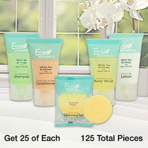 Eco Botanics 125 Piece Hotel Bath Toiletry Bundles for Vacation Rentals | GuestOutfitters.com