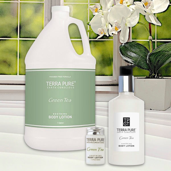 Terra Pure Green Tea Hotel Body Lotion in 3 Sizes for BNBs | GuestOutfitters.com