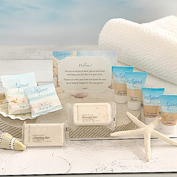 Aqua Organics Hotel Size Bath Supplies and Custom Cards for Vacation Rentals | GuestOutfitters.com
