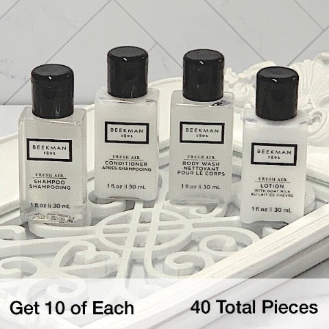 Beekman 1802 Fresh Air 40 Piece Hotel Bath Toiletry Bundle Bottle Sets for Vacation Rentals | GuestOutfitters.com